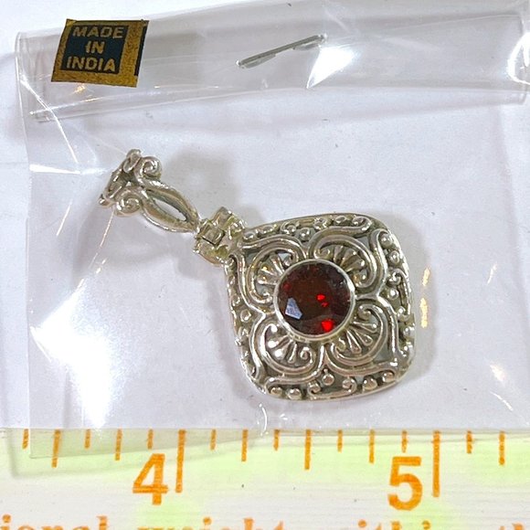 NEW - Pendant Real Garnet Sterling Silver ARTISAN INDIA 1.5 INCH Drop - Picture 1 of 4